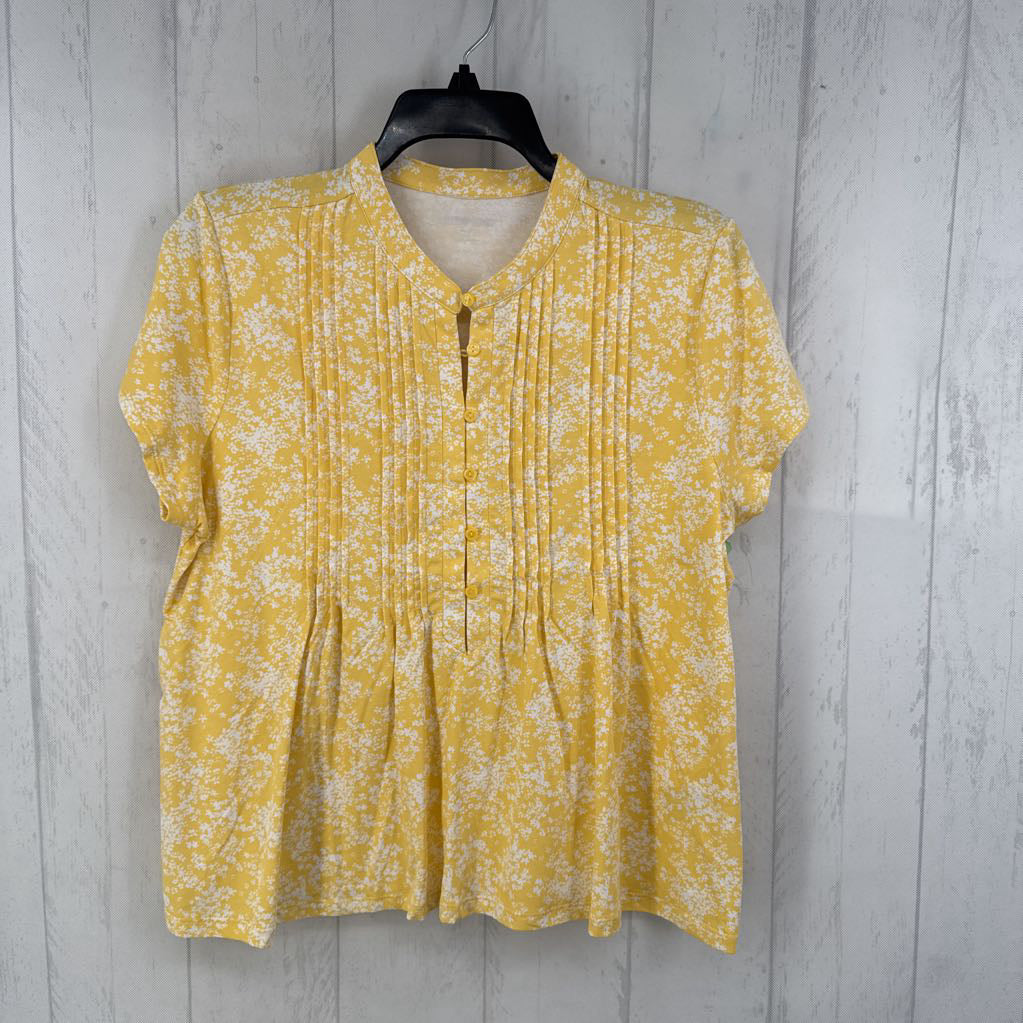 M flo print pleated 1/2 button down s/s top