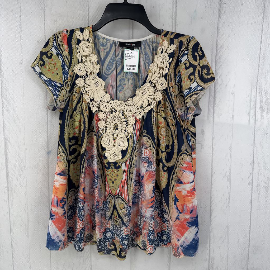 Mp paisley print lace detail s/s top