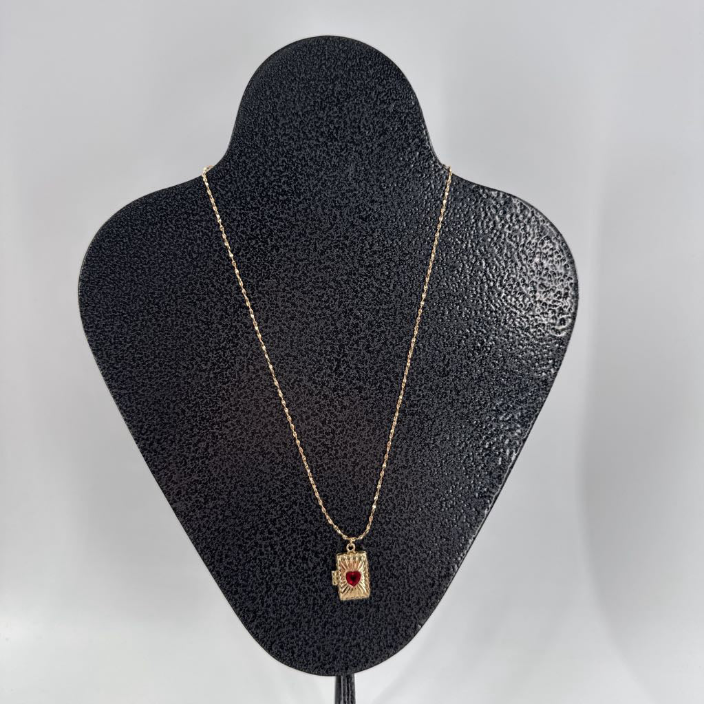 10" goldtone red heart locket necklace