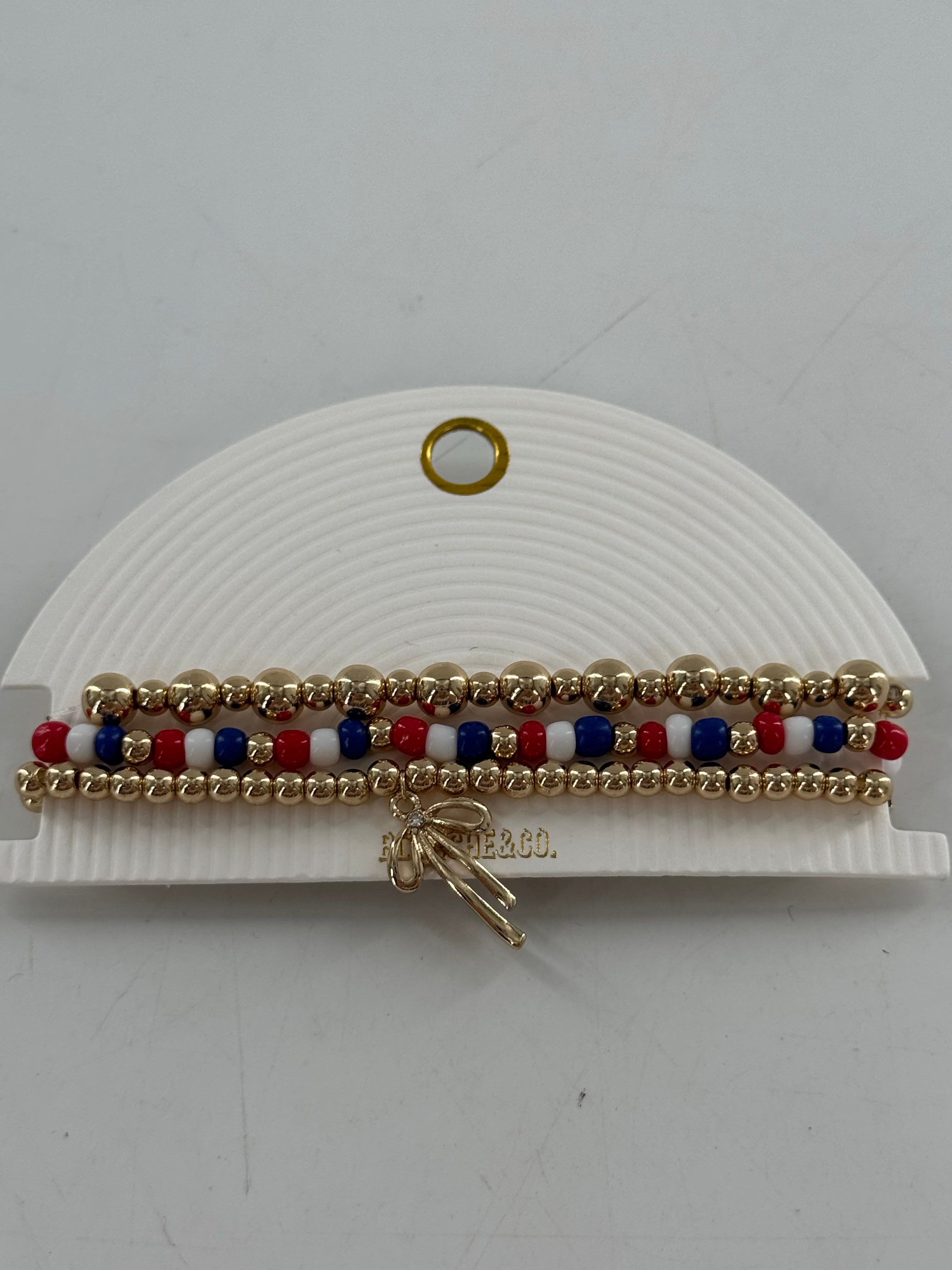 beaded stretch bracelet stack-gold/red/blu