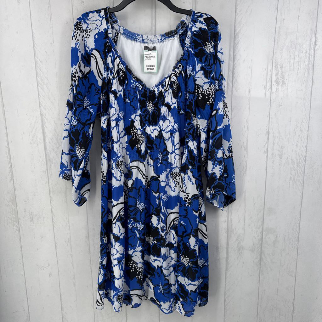 L smocked v-neck flo print 3/4 slv dress