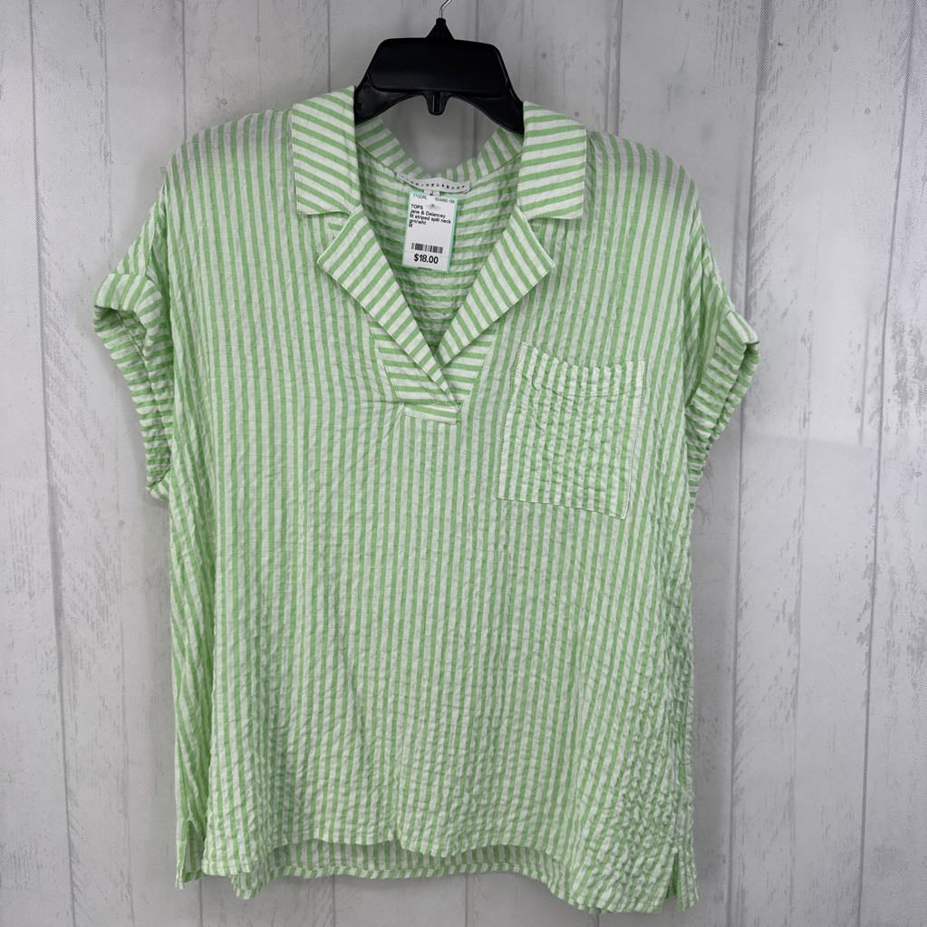 M striped split neck cuffed slv top s/s