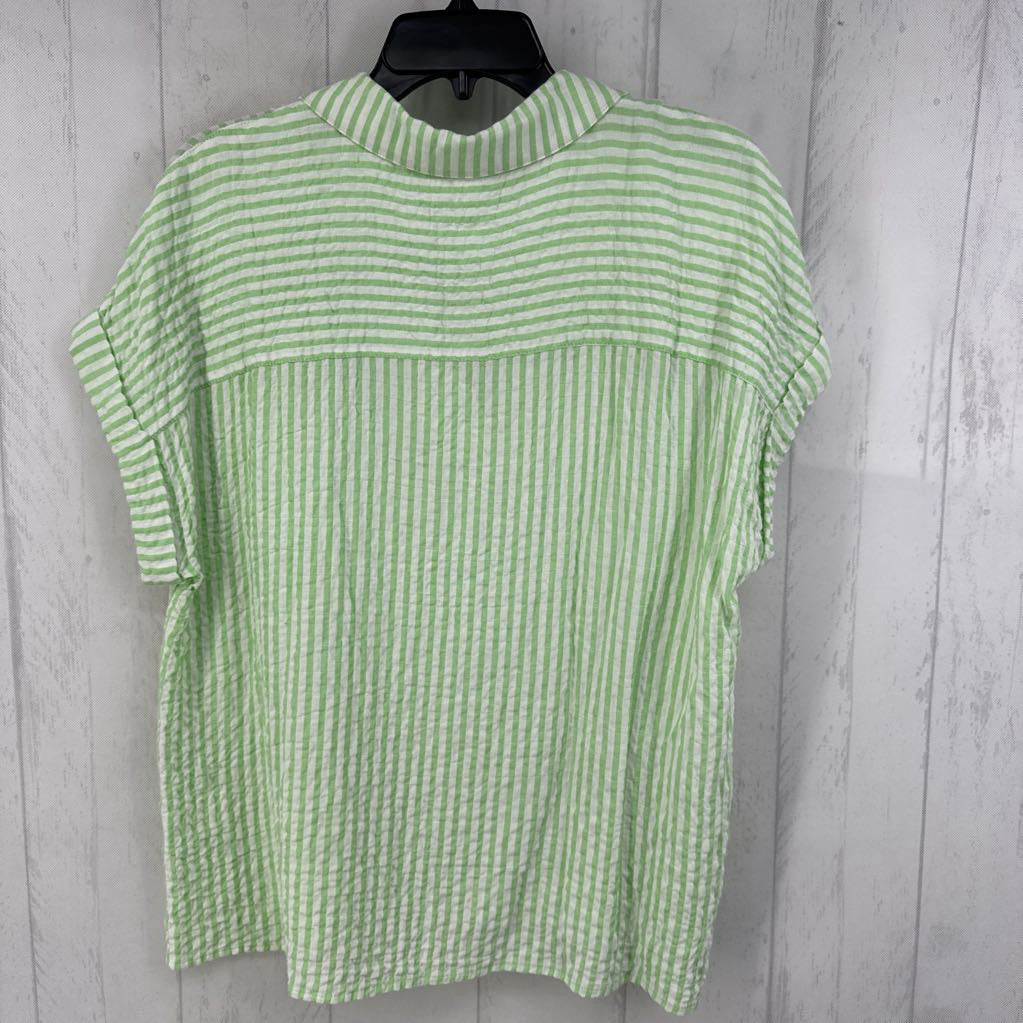 M striped split neck cuffed slv top s/s
