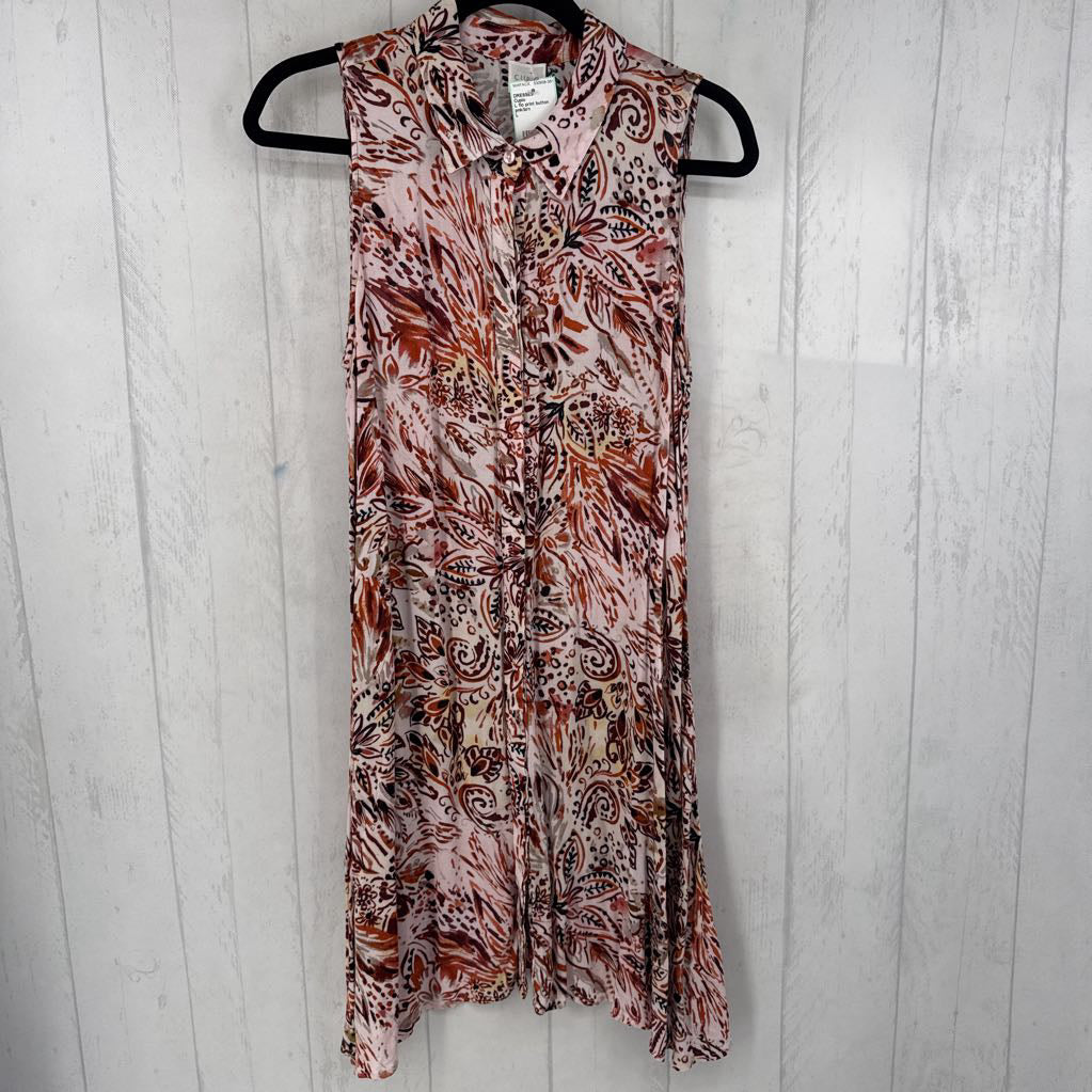 L flo print button down slvls dress