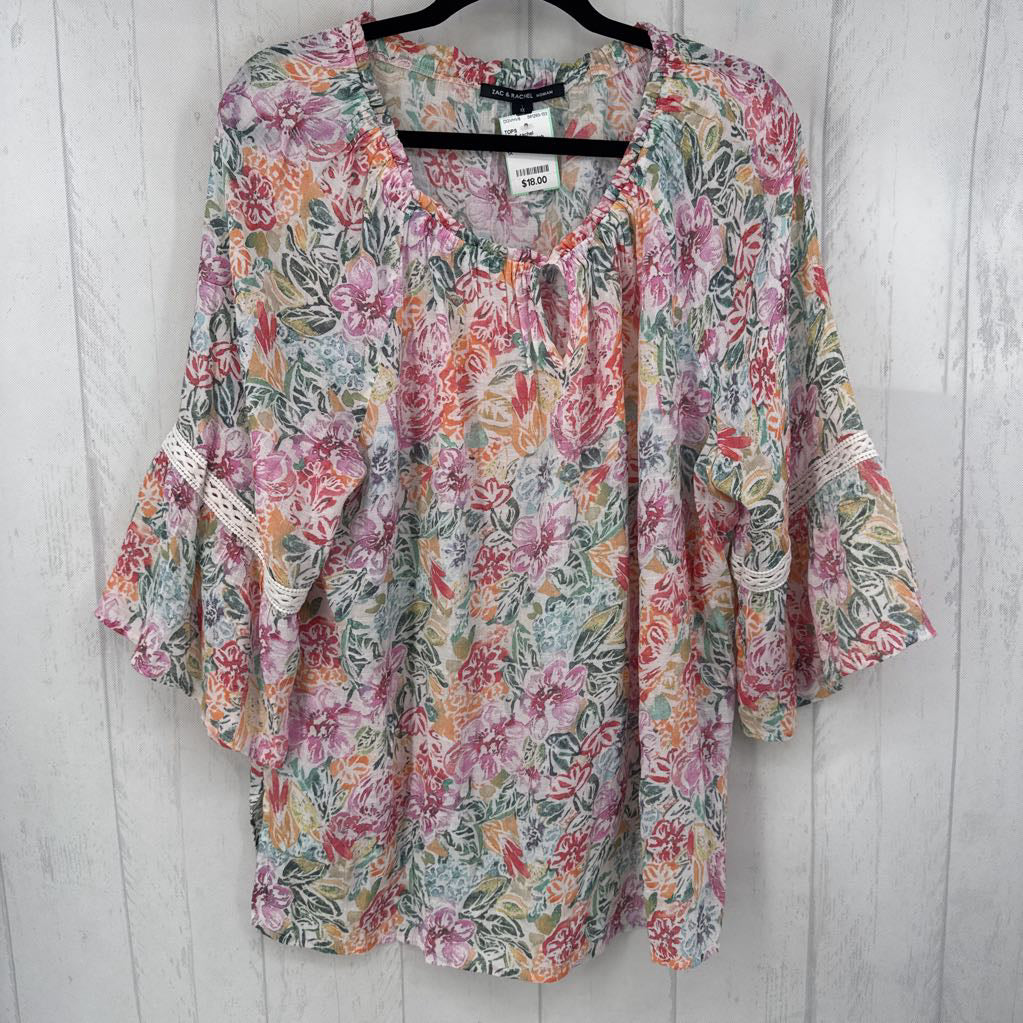 1X flo print notch neck 3/4 slv top