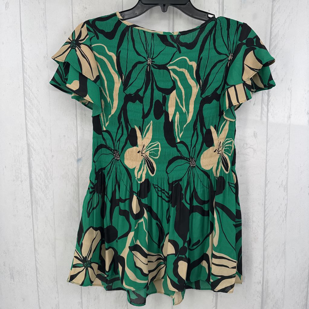 M smocked flo print flutter slv top