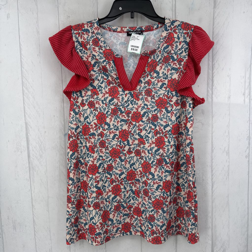 S flo print split neck flutter slv top