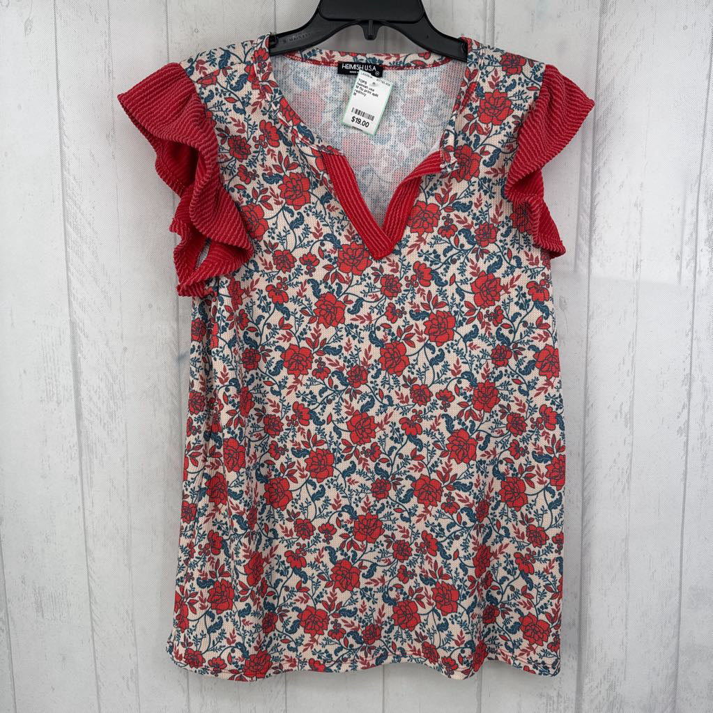 M flo print split neck flutter slv top