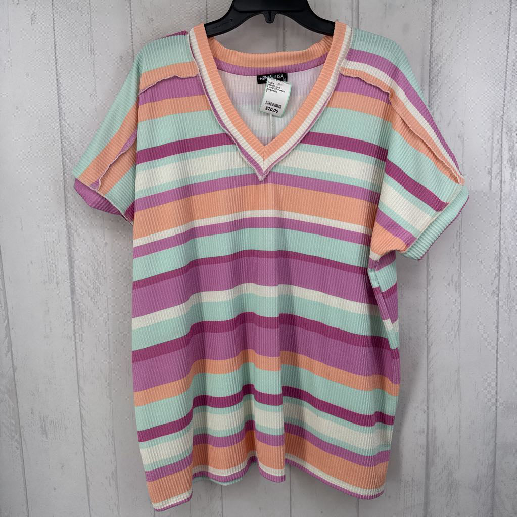 L striped v-neck s/s top