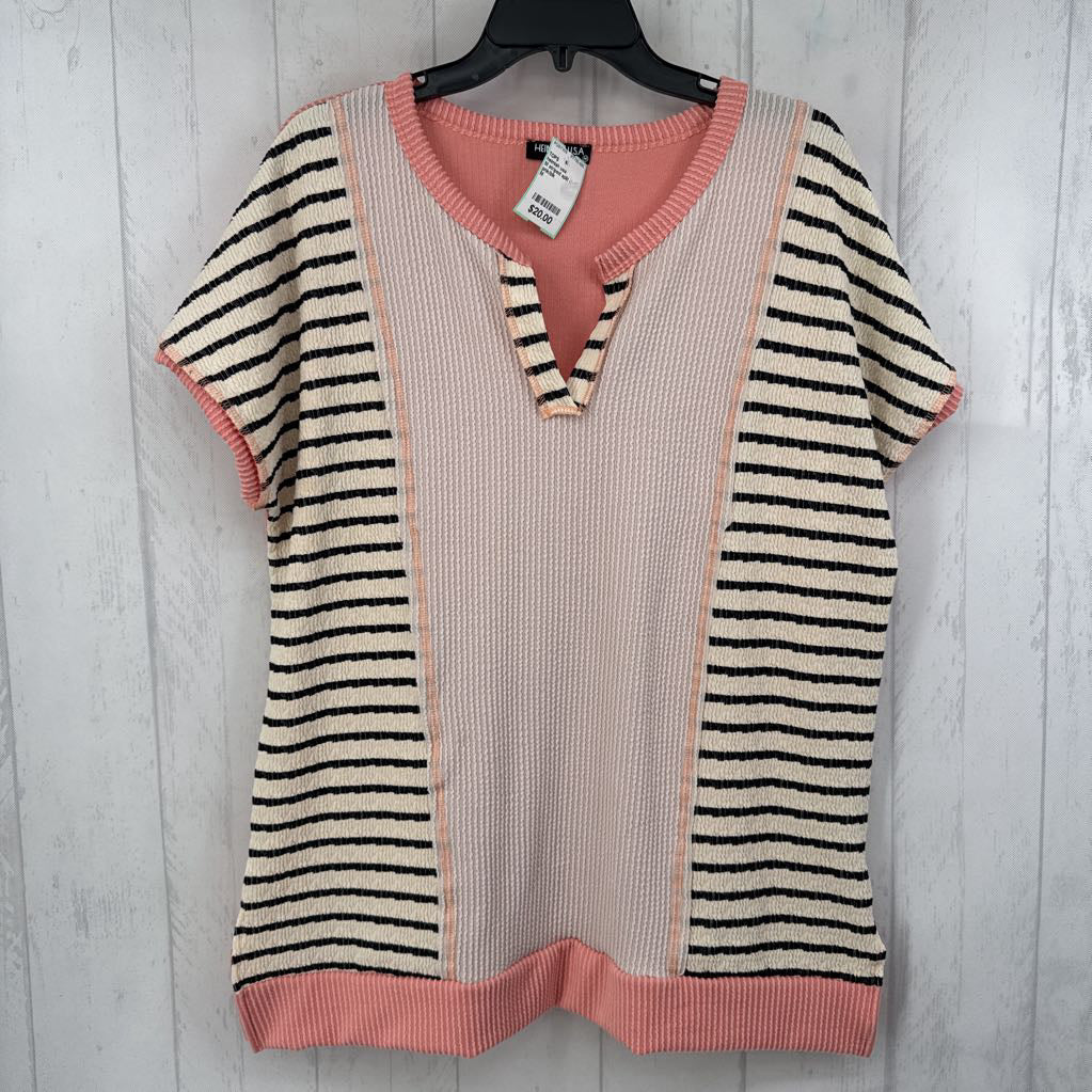 M striped split neck s/s top