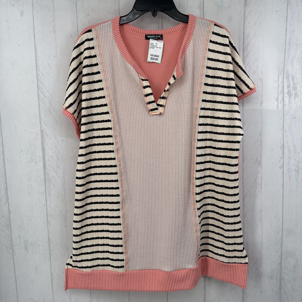 L striped split neck s/s top