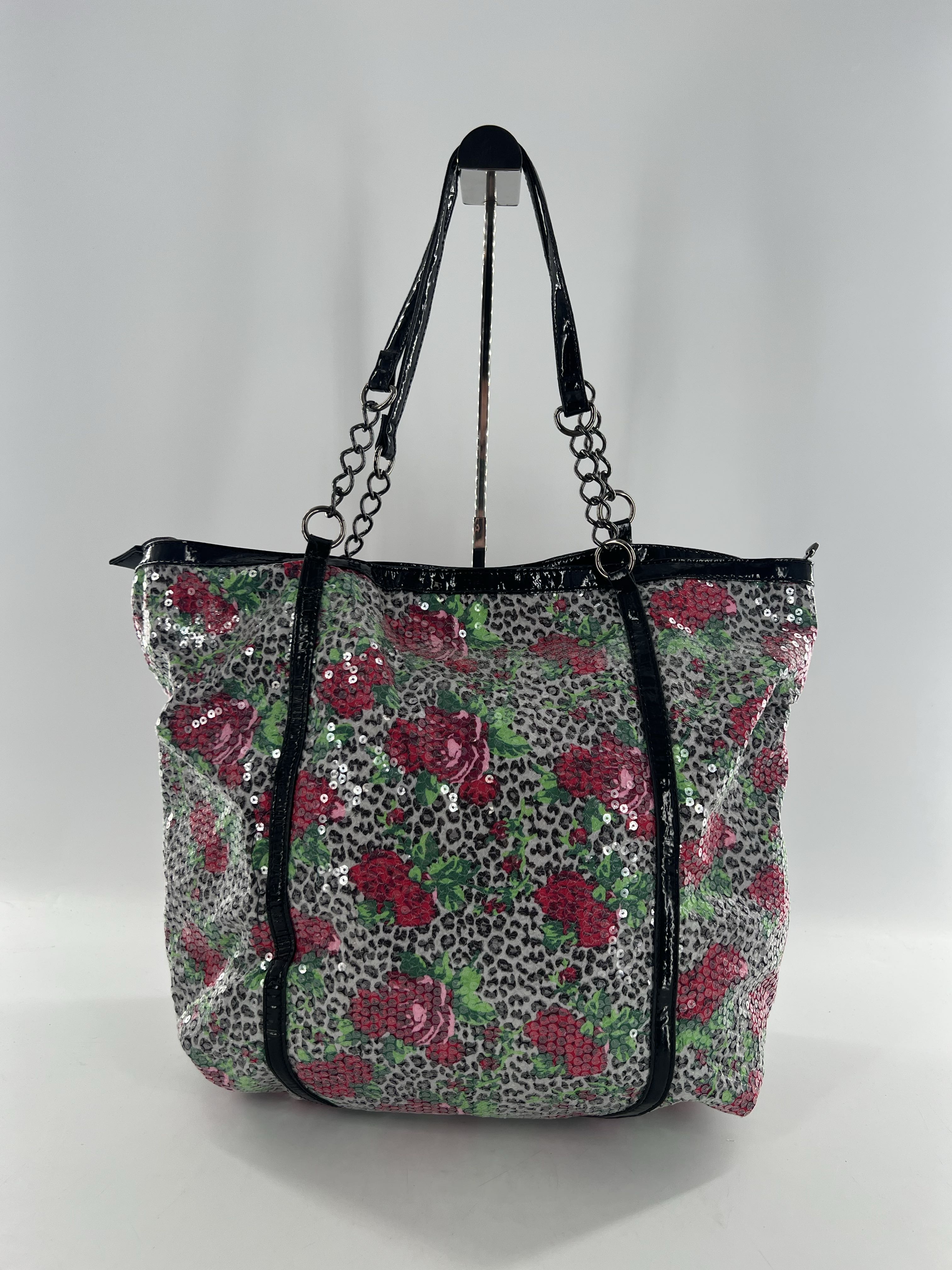 R98 sequin cheetah blossom top zip tote