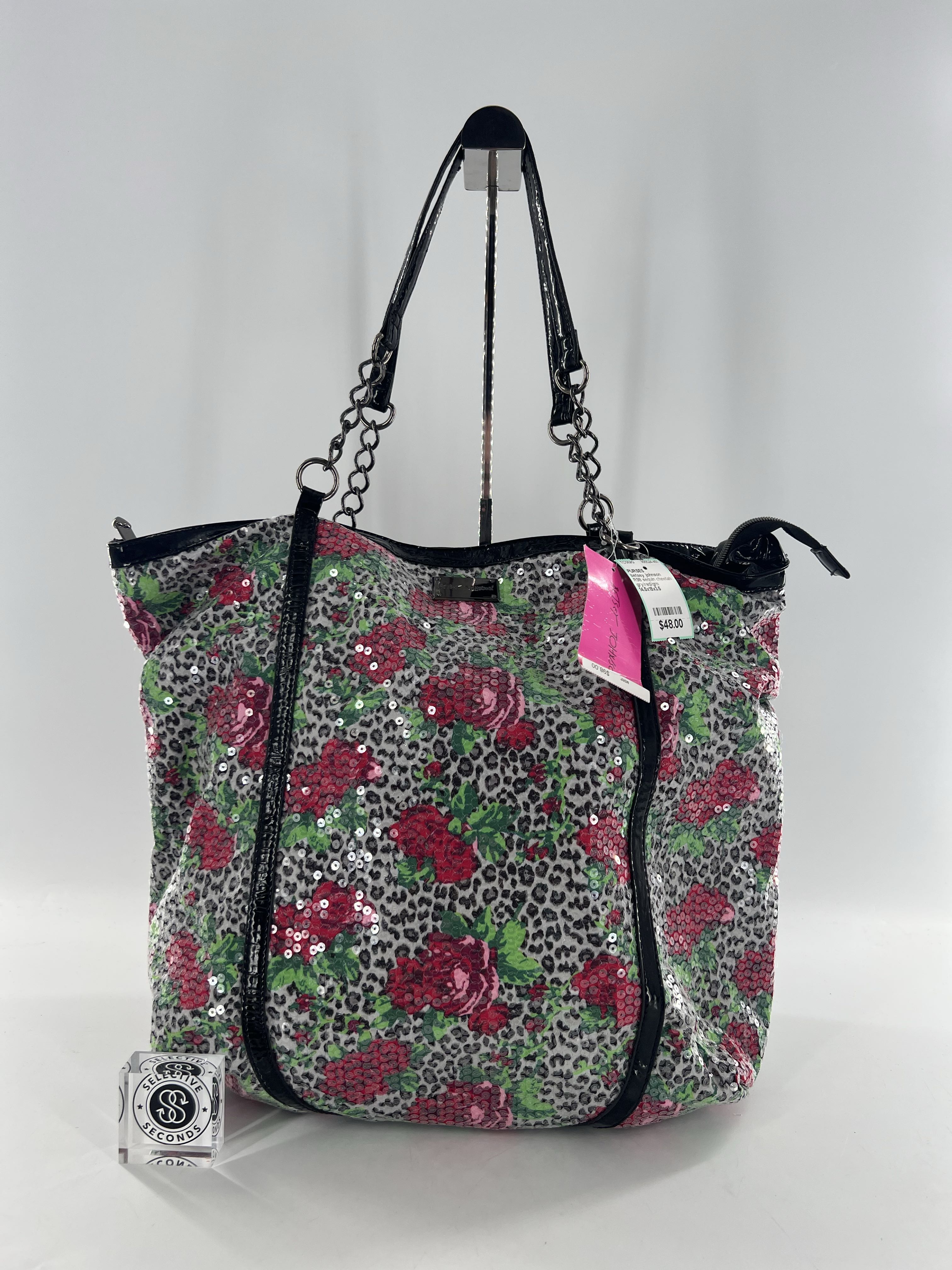 R98 sequin cheetah blossom top zip tote