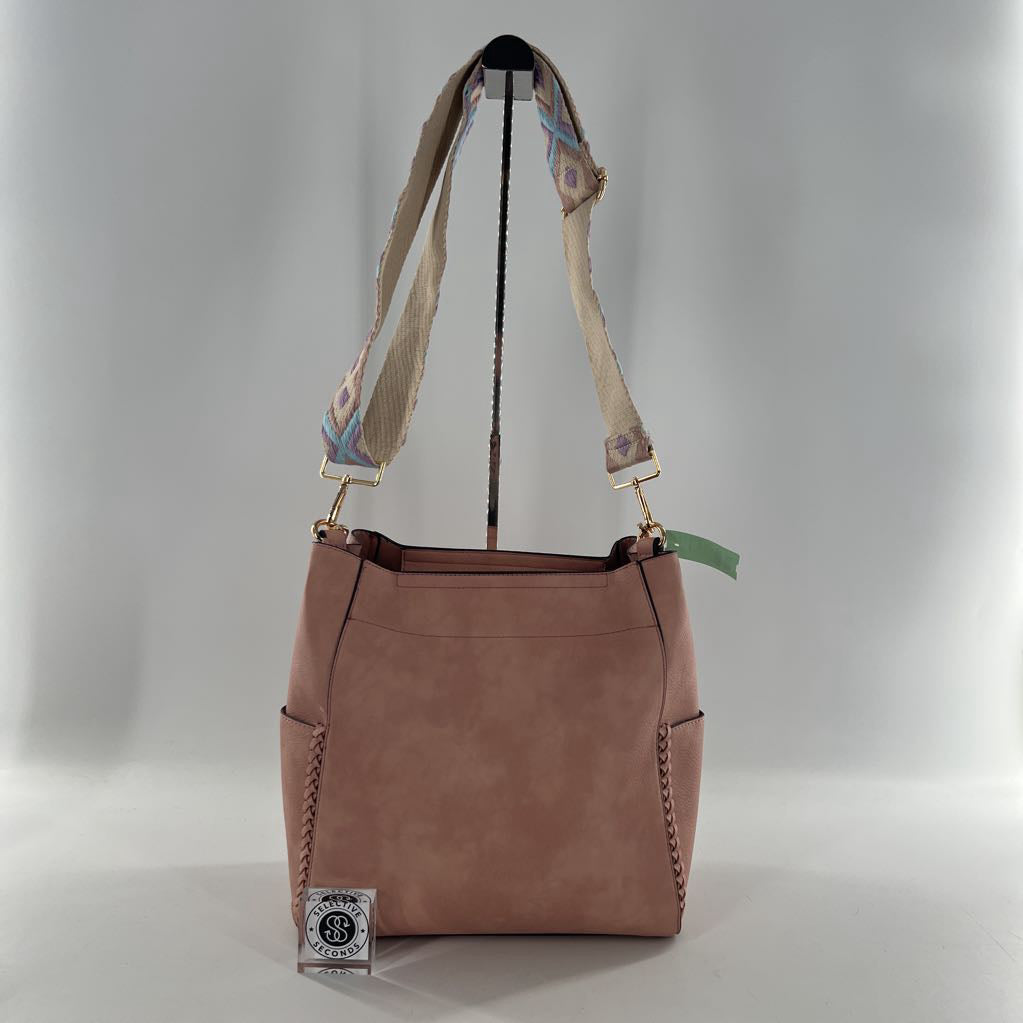 vegan leather bucket bag w/ woven strap