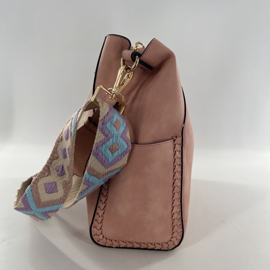 vegan leather bucket bag w/ woven strap