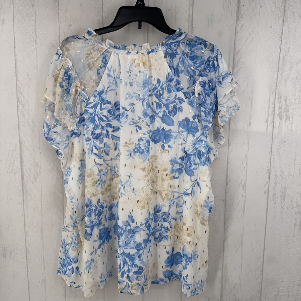 1X flo print notch neck ruffled slv top