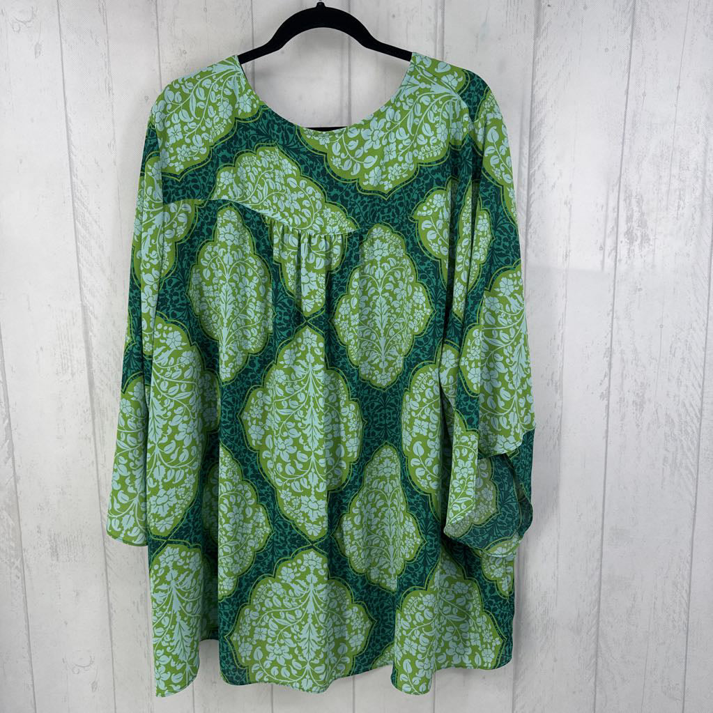3X flo print v-neck 3/4 slv top