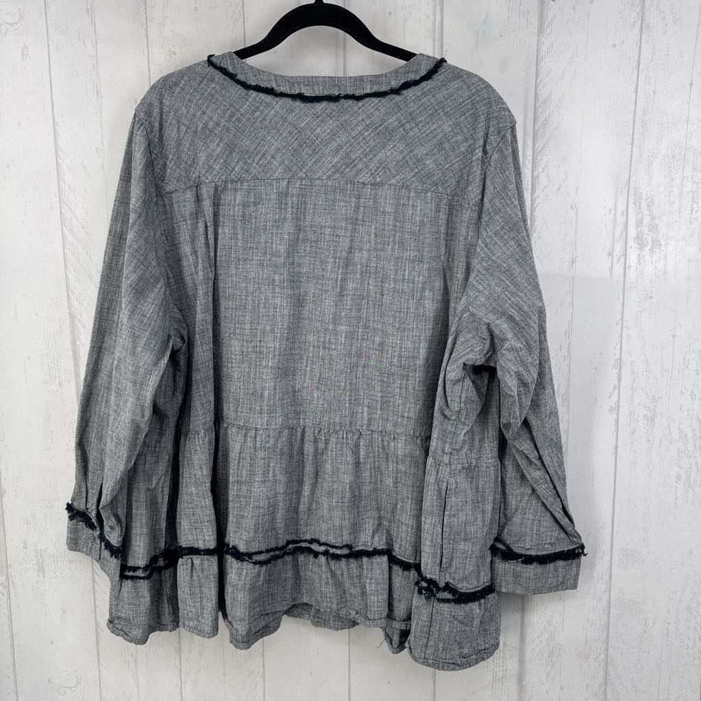 3X chambray button down tiered l/s top