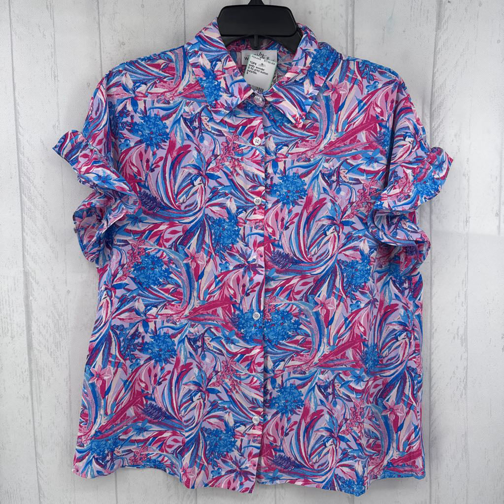 S flo print button down flutter slv top