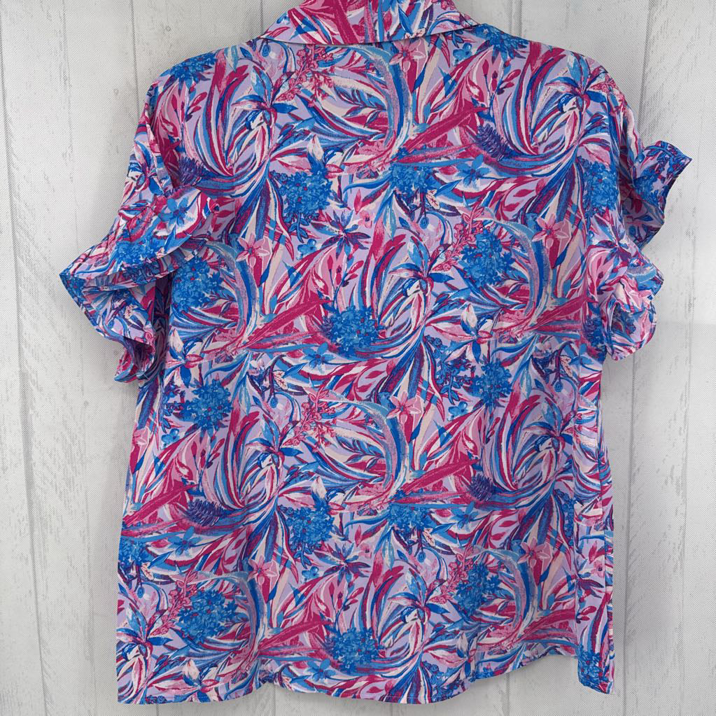S flo print button down flutter slv top