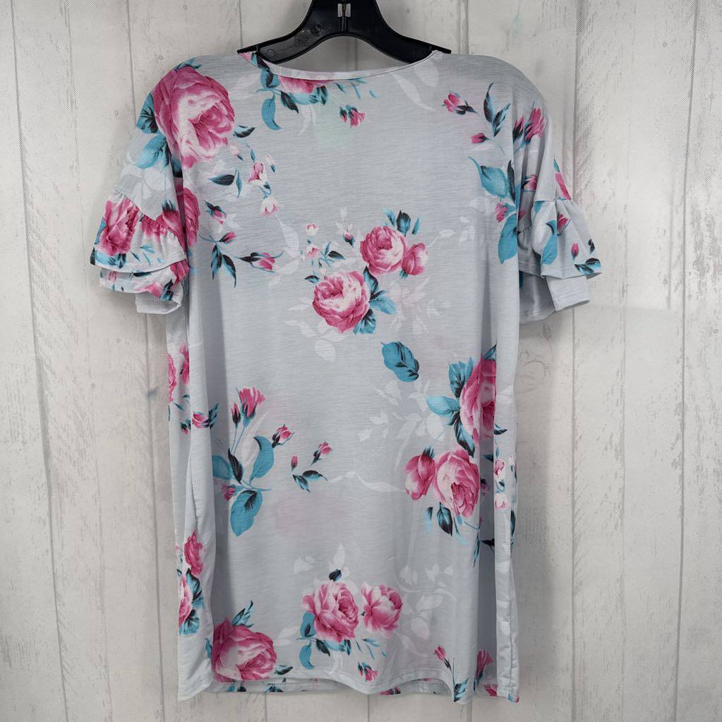 S flo print v-neck flutter slv top s/s