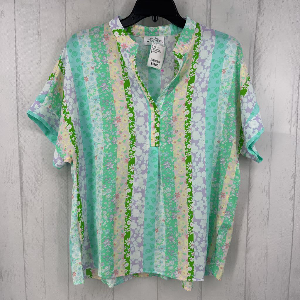 S flo print split neck s/s top