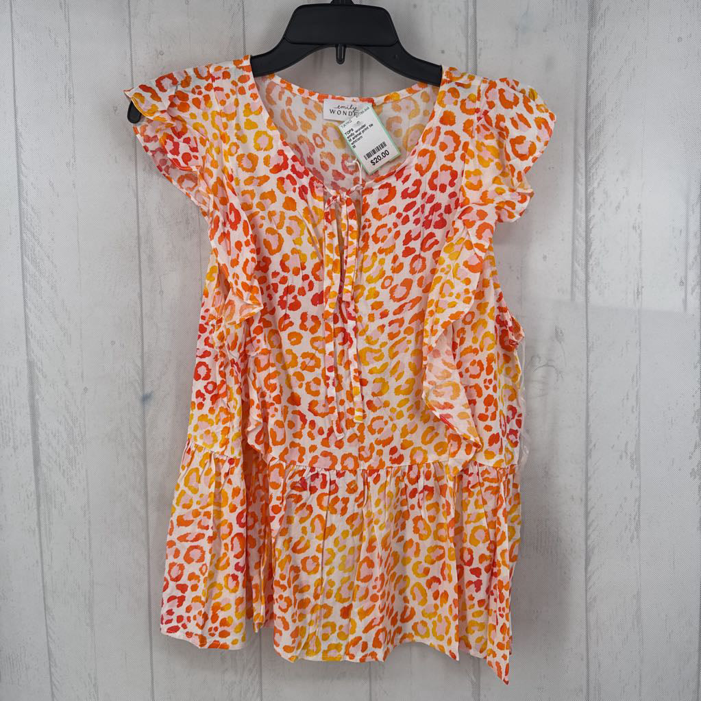 M animal print tie front flutter slv top