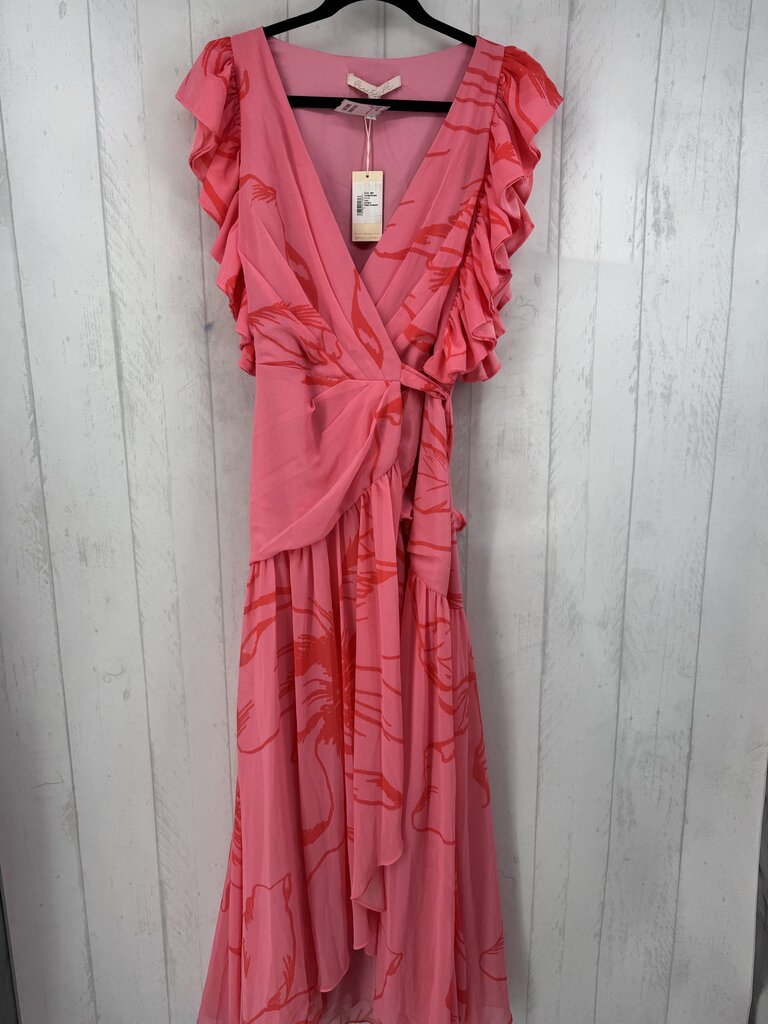L ruffle slv flower print wrap maxi dress