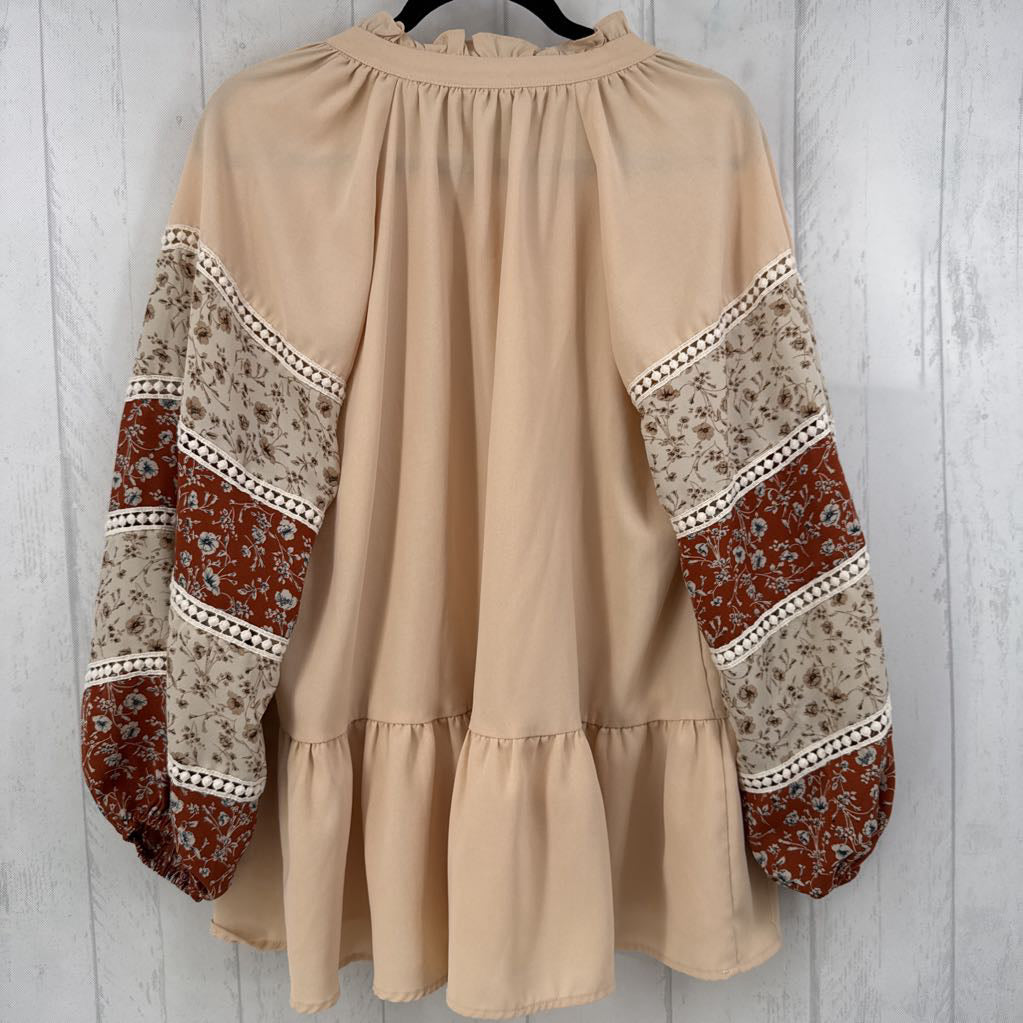 M flower print slv ruffle hem top
