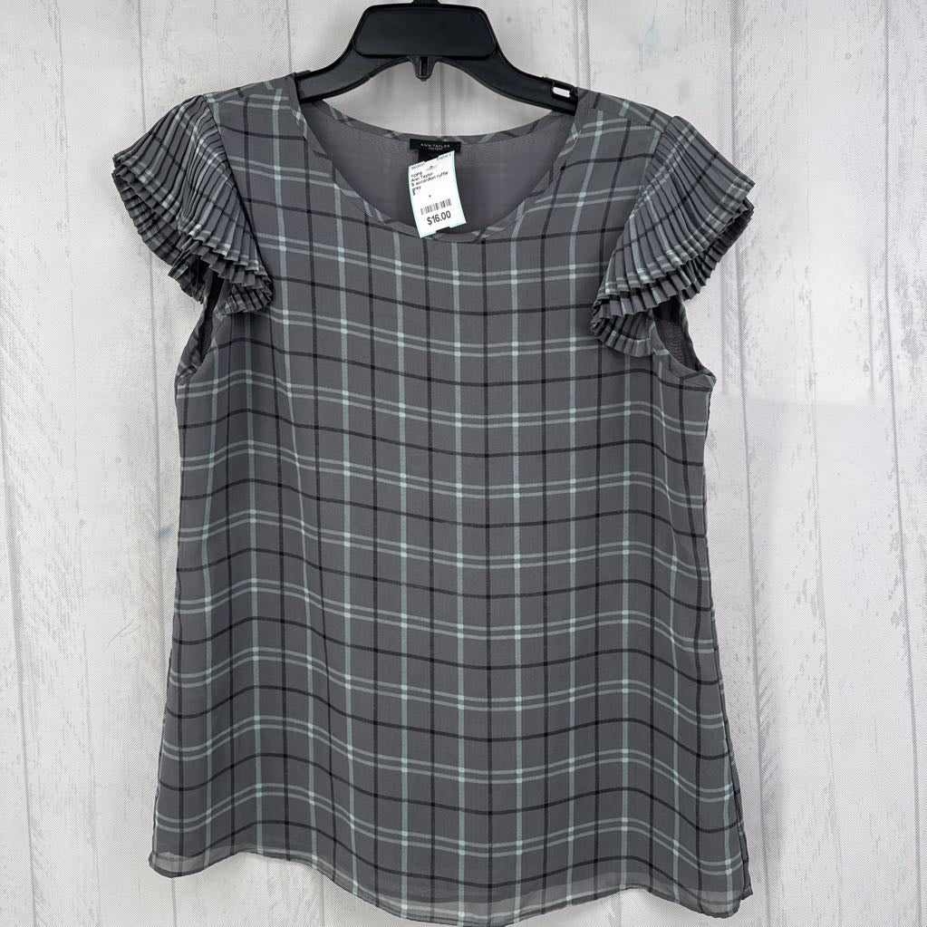 S accordion ruffle slv plaid top