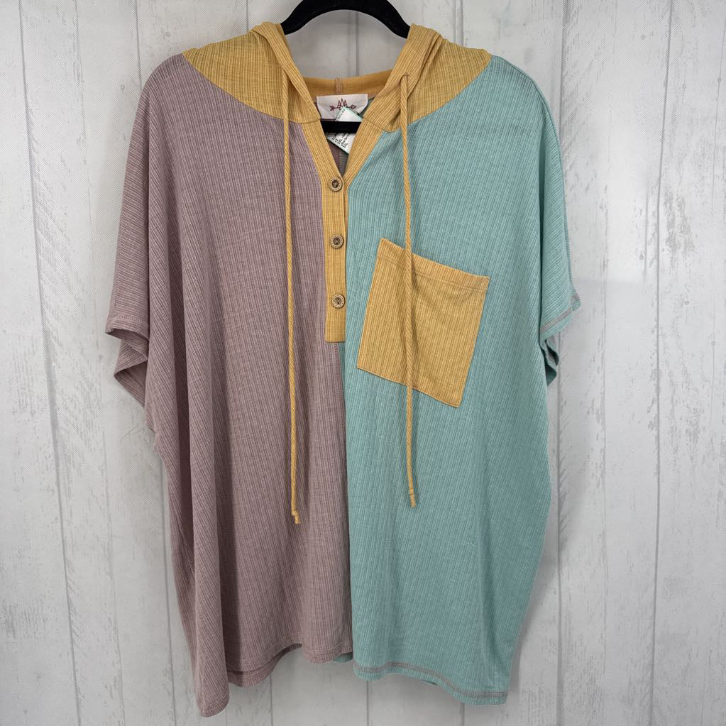 3XL ribbed colorblock hooded s/s top