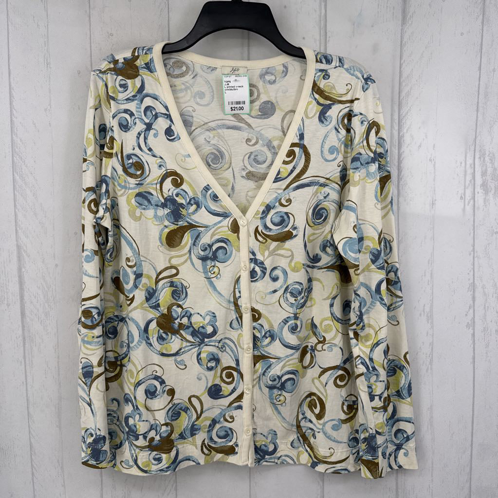 L printed v-neck button down l/s top