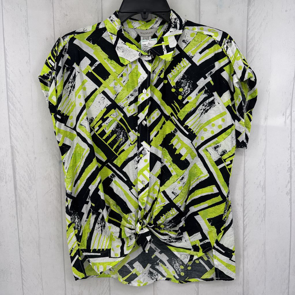 S printed button down s/s top