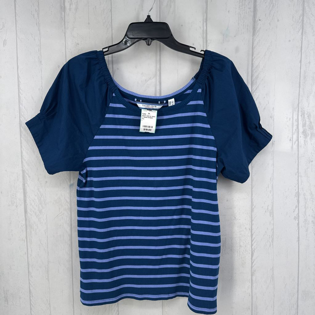 L ribbed striped pouff slv top s/s