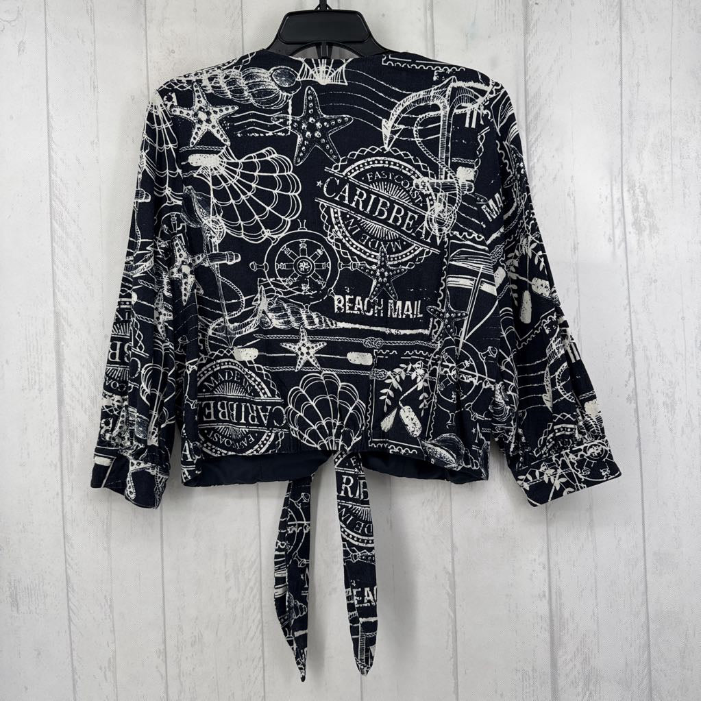 L nautical print tie front 3/4 slv top