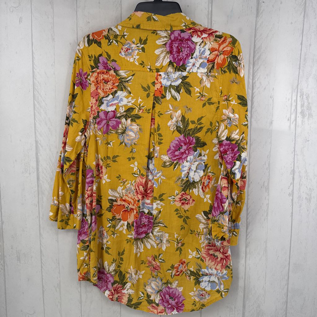XL linen flo print button down l/s top