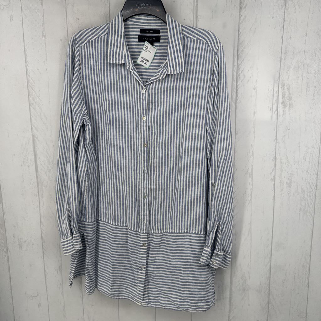 L linen striped button down l/s top