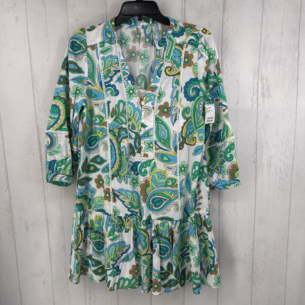 S lined flo print button front 3/4 slv dress