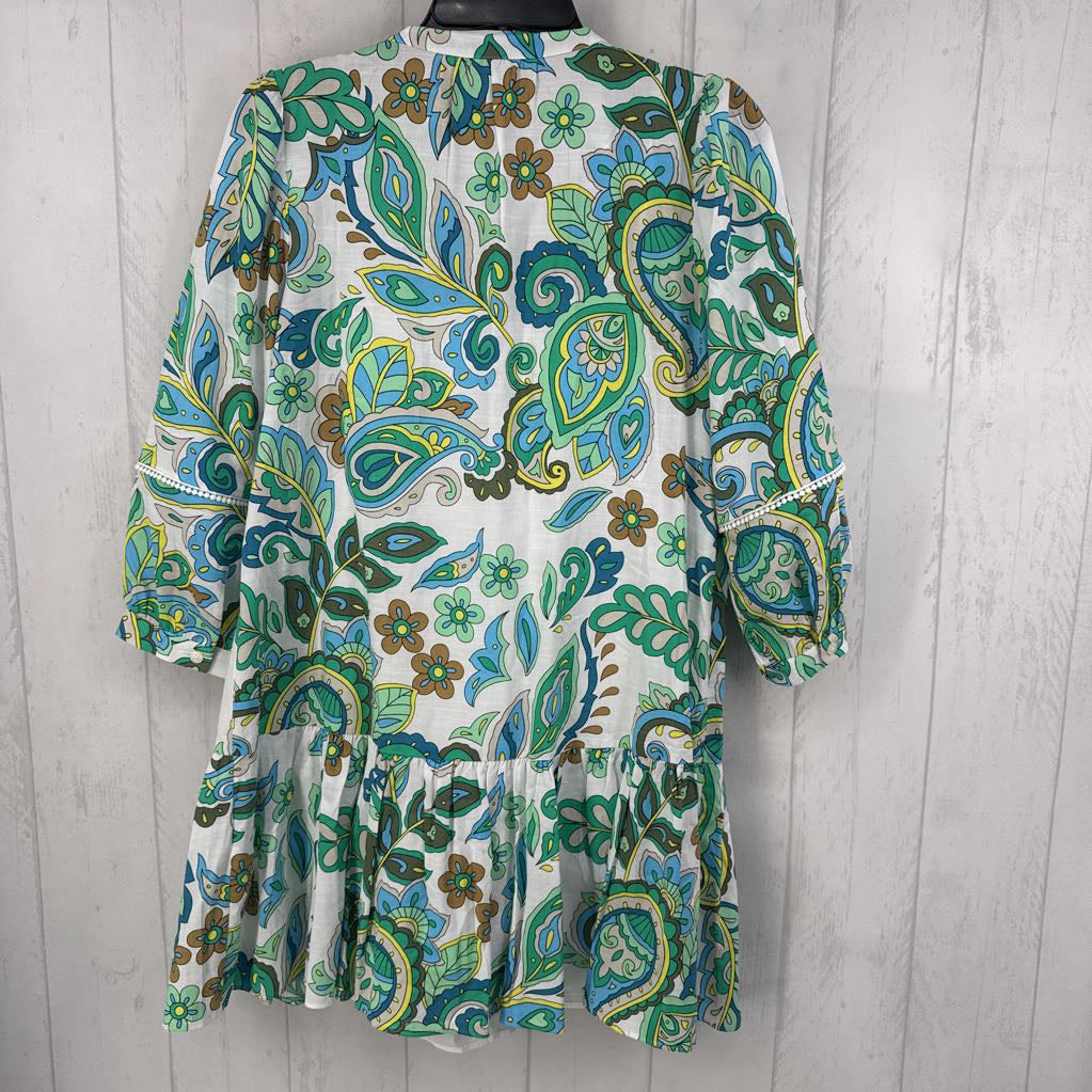 S lined flo print button front 3/4 slv dress