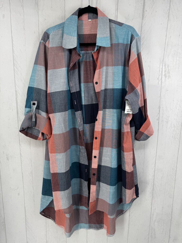 4XL plaid button down hi-lo tab slv top