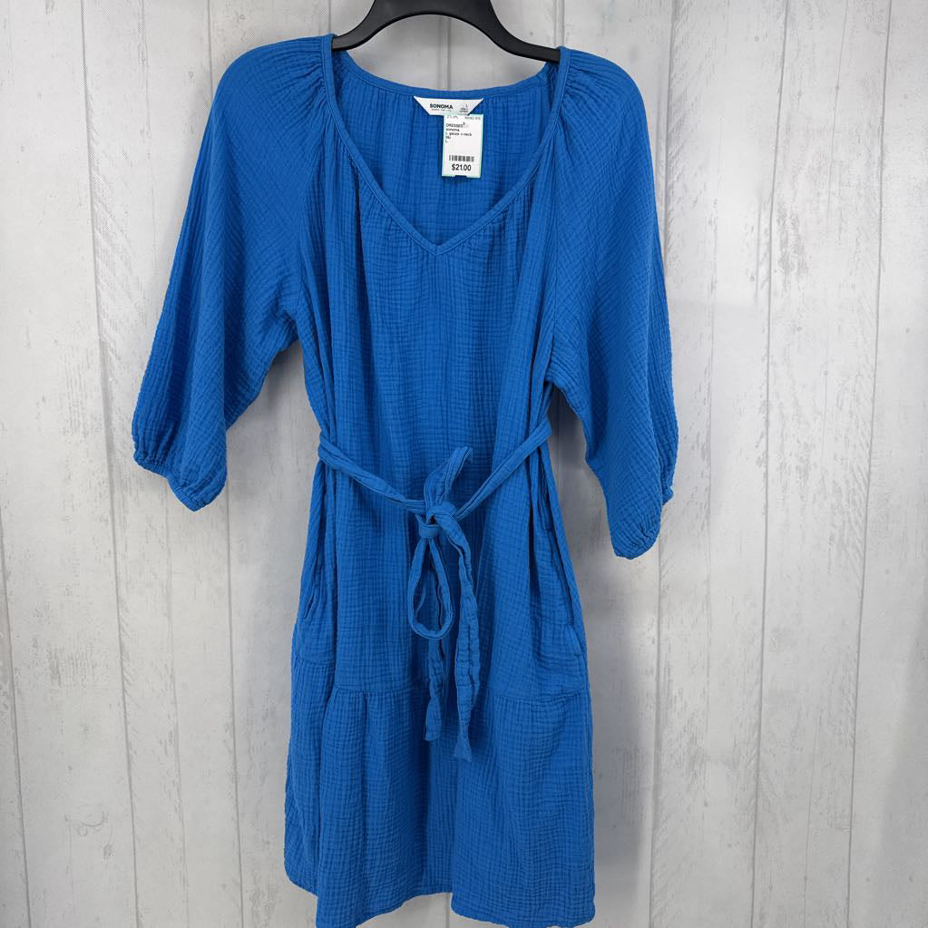 L gauze v-neck belted 3/4 slv dress