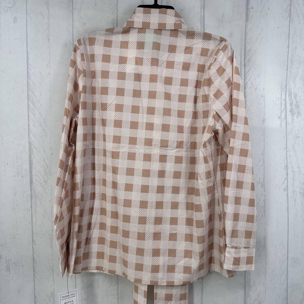L plaid bow front button down l/s top