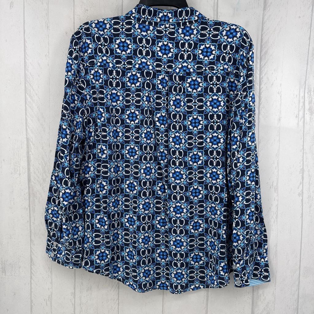 L flo print button down l/s top