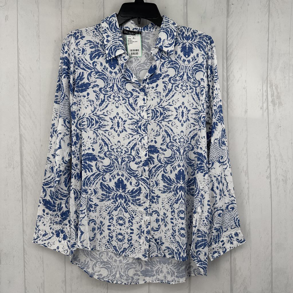 12 damask print button down l/s top