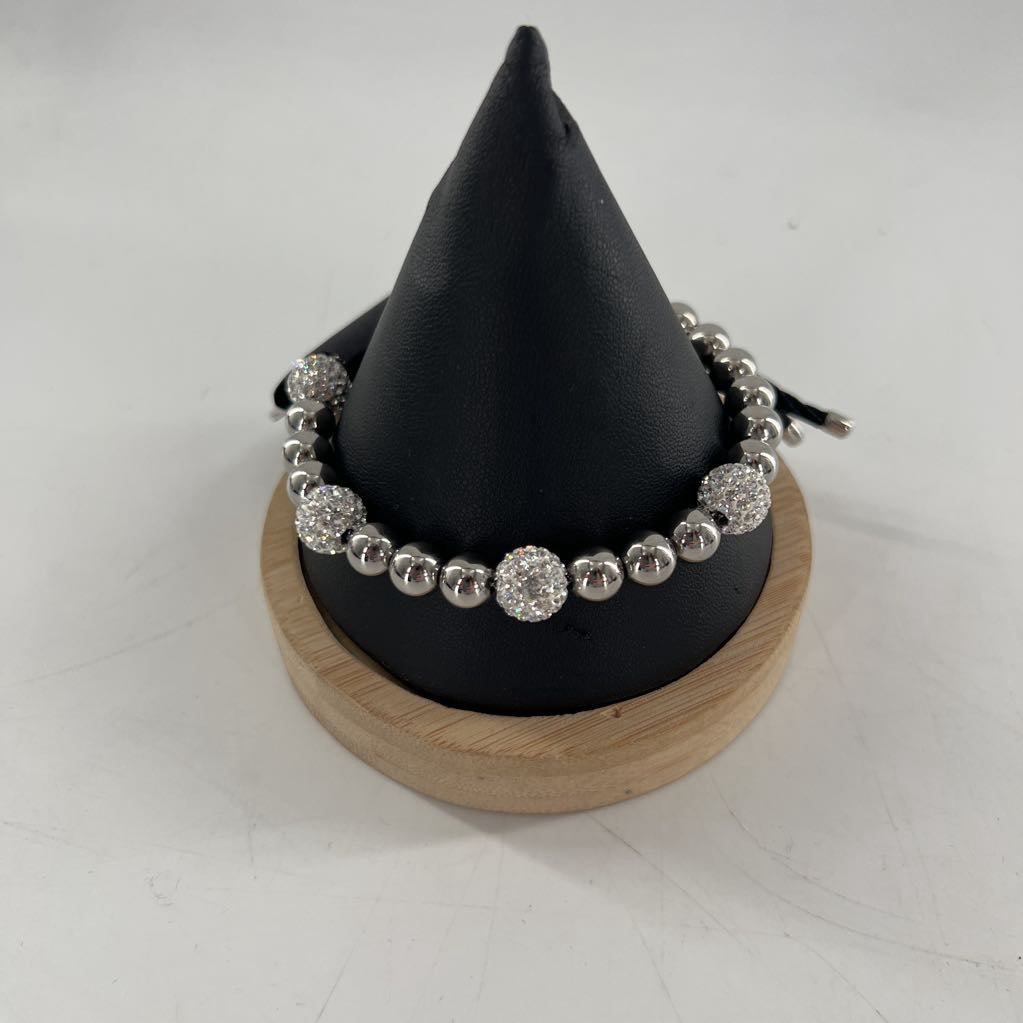 silver ball w/ black cord bracelet stack
