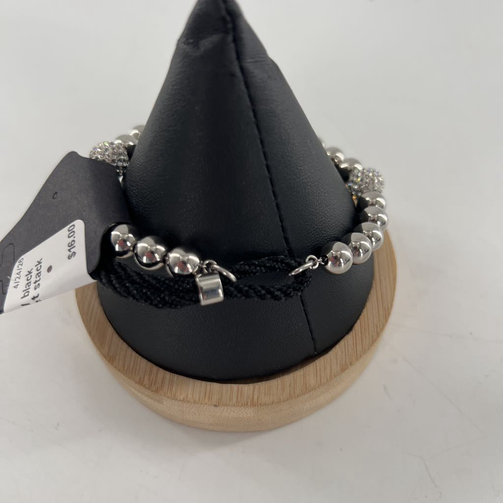 silver ball w/ black cord bracelet stack