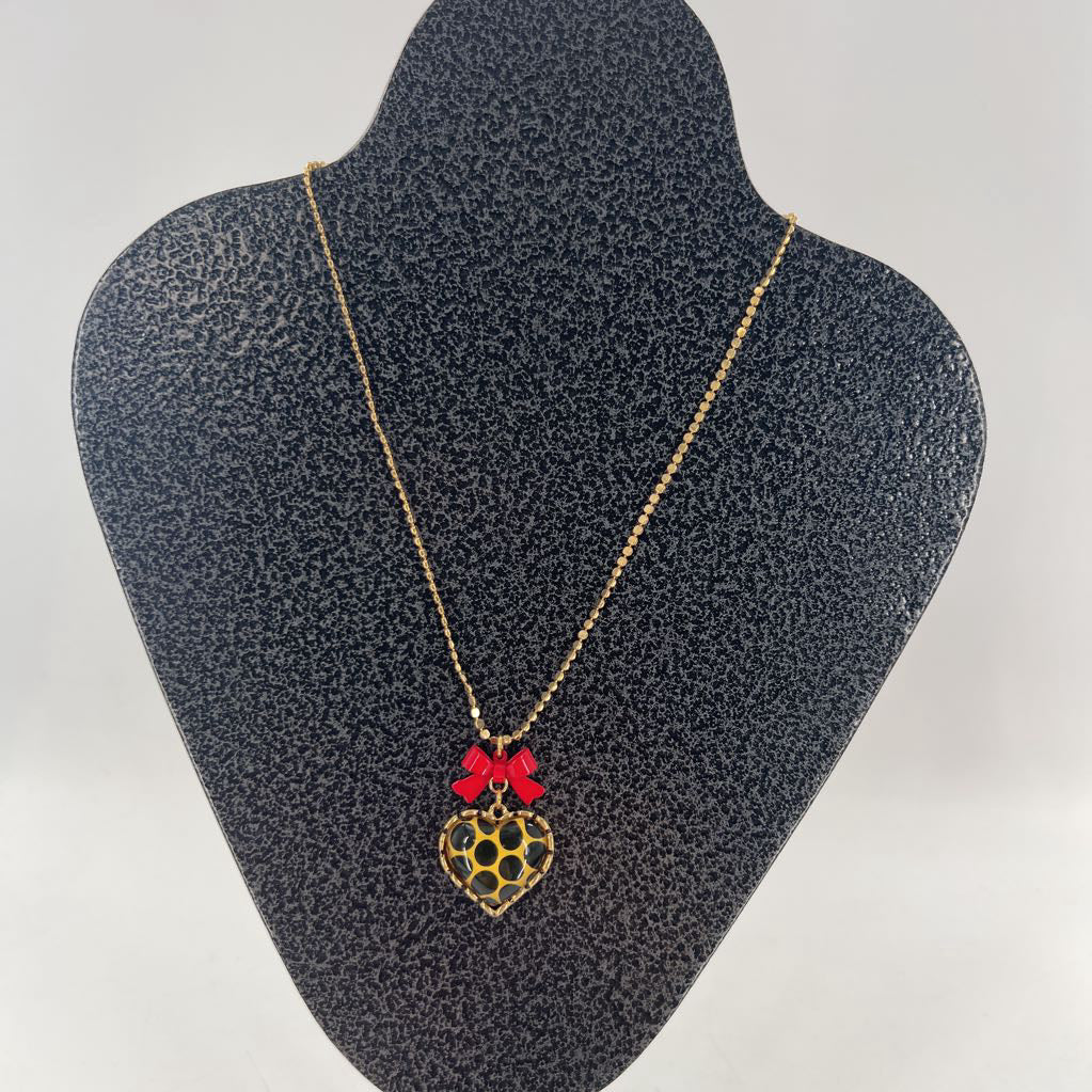 gold tone red bow & heart pendant necklace