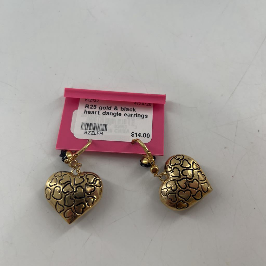 R25 gold & black heart dangle earrings