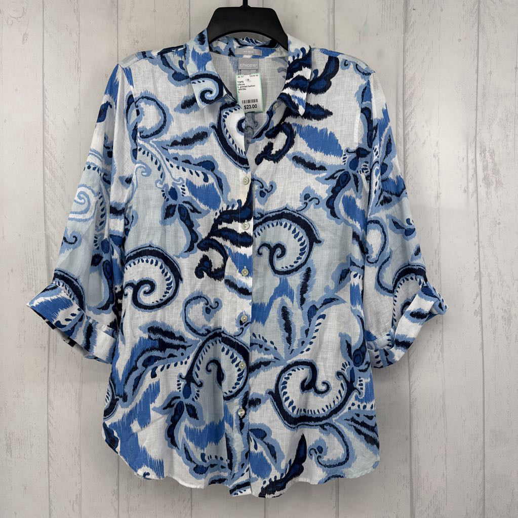 L printed button down elbow slv top