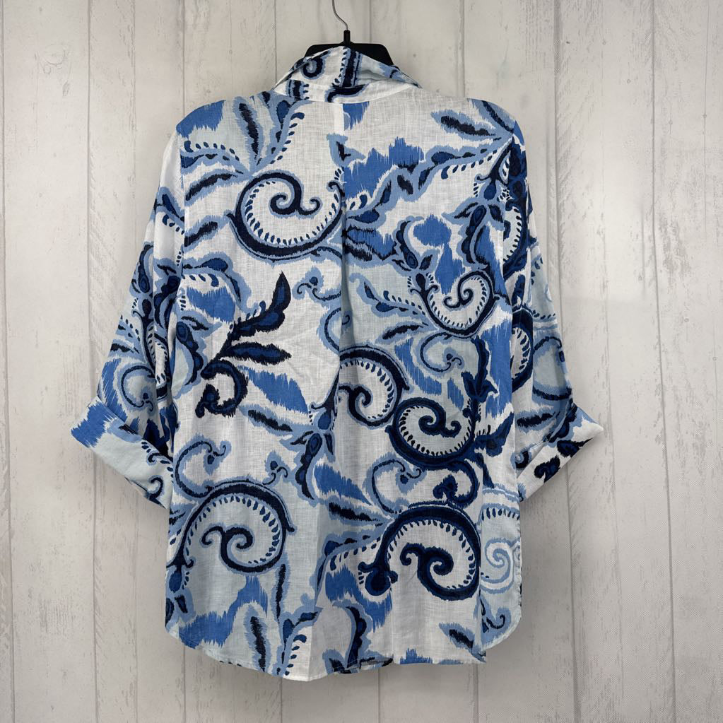 L printed button down elbow slv top